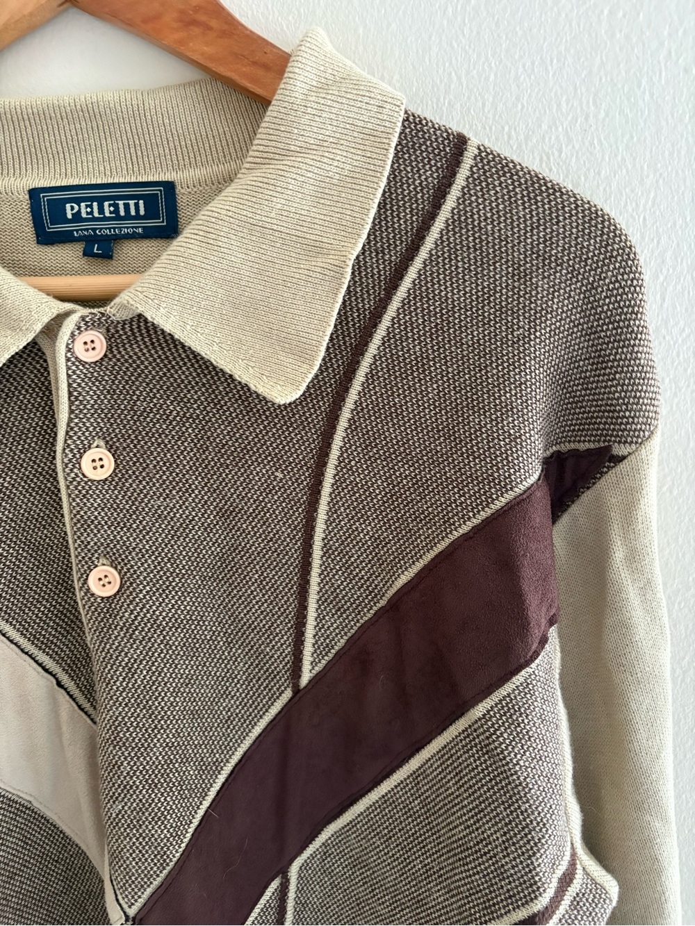 Vintage Tan and Brown Knitted Polo Sweater with Texture